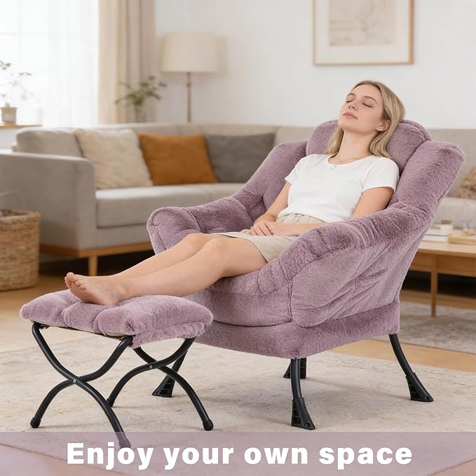 Plush Lazy Chair and Ottoman, Large Purple Plush Contemporary Accent Chair with Side Pocket, Modern Leisure Upholstered Reading Armchair with Footrest for Bedroom, Living Room, Balcony