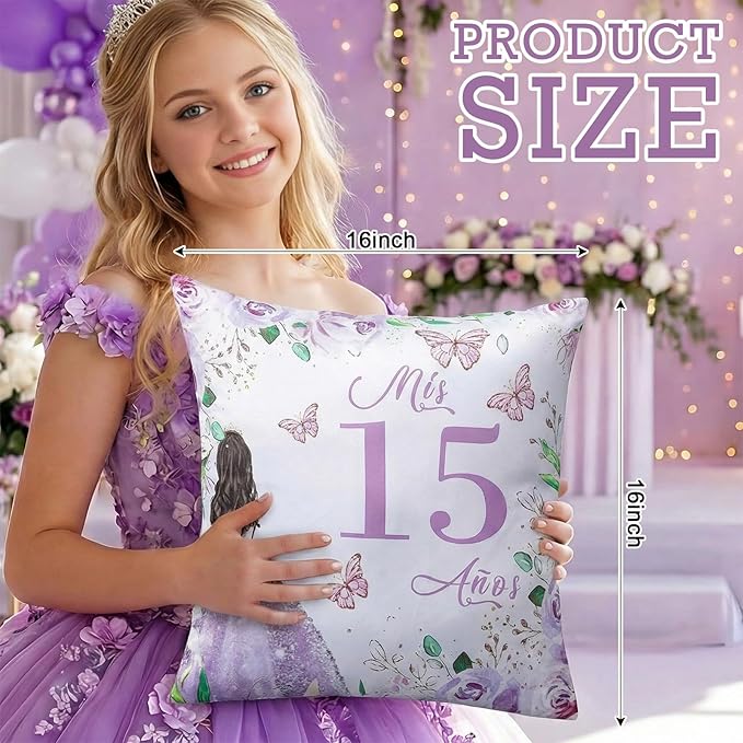 Kathfly Cojines para 15 A??os De Quincea??era Decoration 16 x 16 Inche Violet Quincea??era Pillow Gifts Mis Xv A??os Throw Pillow Sweet for Daughter Sister Friend 15th Birthday Gifts