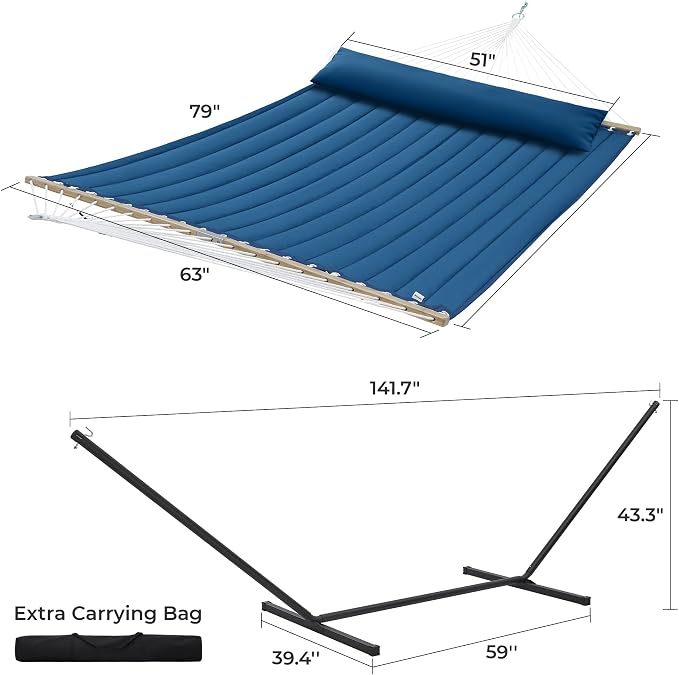 SUPERJARE Hammock with Stand, 2 Person Quilted Outdoor Hammock, Detachable Pillow & Bamboo Spreaders, Portable Hammock with Carrying Bag, Heavy Duty Stand, Perfect for Outside, Patio, Navy Blue - Image 8