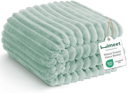 HIMEET Sage Green Ribbed Full Size Blanket for Bed - 300GSM Lightweight Fleece Blanket for Men Women, Large Sofa Couch Cover Blankets for Her Him, Striped Home Room Decor, Sage Green, 84x90 Inches