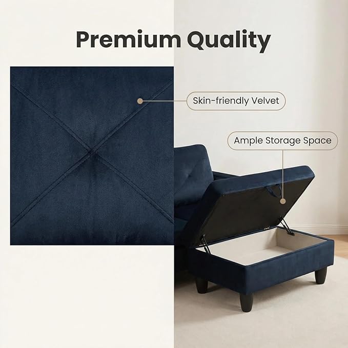 Microfiber Sectional Couch, L-Shape Sofa with Storage Ottoman, Modern 3-Piece Sofa Set for Living Room, Contemporary Upholstered Couch Set with Solid Wood Frame for Apartment, Midnight Blue