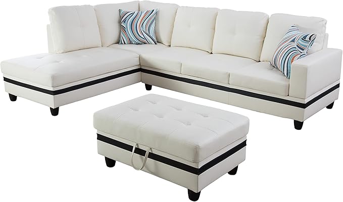 NicBex Modular L-Shaped Sectional Couches, 3-Piece Convertible Couch with Storage Ottoman, 4-Seat Comfy Sofa with Chaise for Living Room & Apartment, White + Black