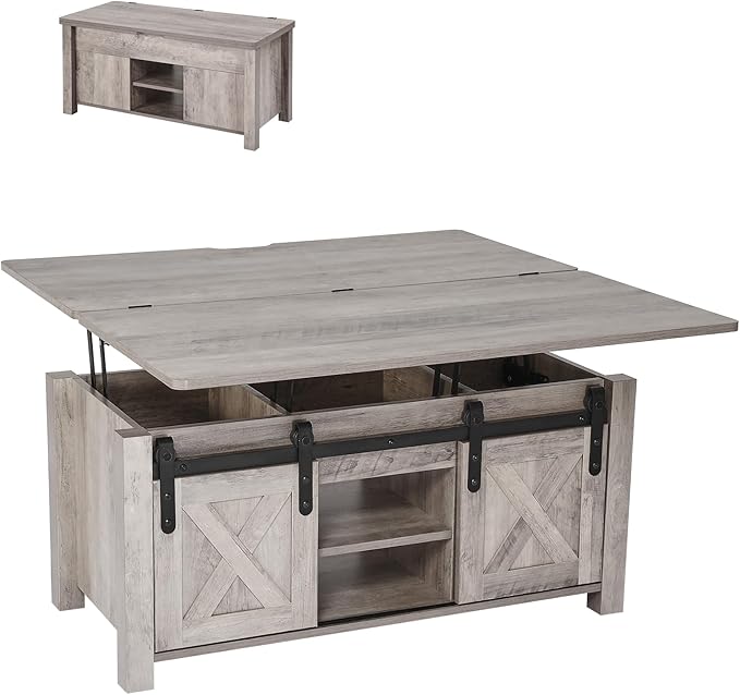 VEVOR 39.4 in Farmhouse Lift Top Coffee Table, Rustic Center Table with Barn Door and Hidden Storage Compartment, Modern Rectangle Lifting Tabletop for Living Room, Office, Home, Easy Assembly, Oak