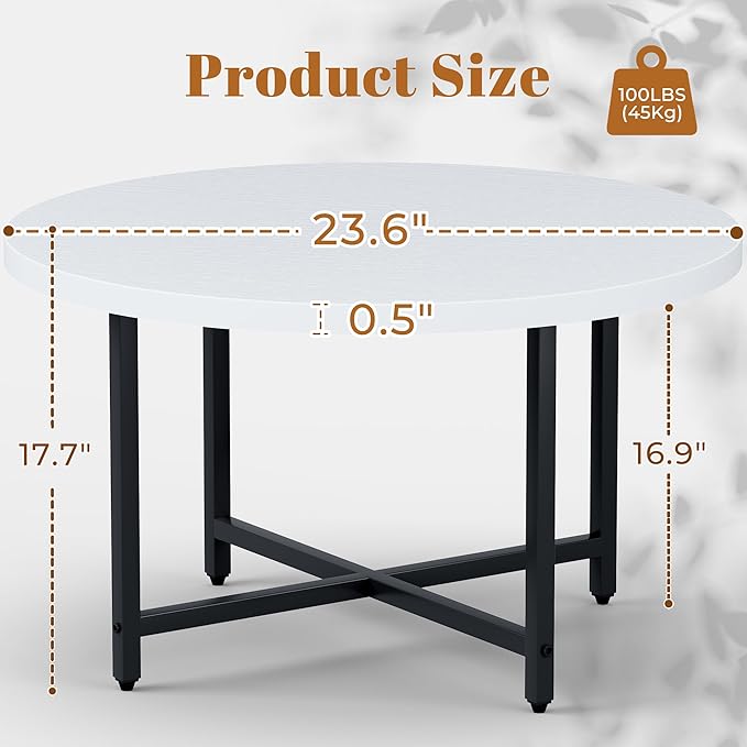Round Coffee Table, Small Coffee Tables for Living Room, Low Wood Coffee Table with Metal Frame, Floor Table Desk for Sitting on The Floor, Home, Office, White(23.6" D x 17.7" H)