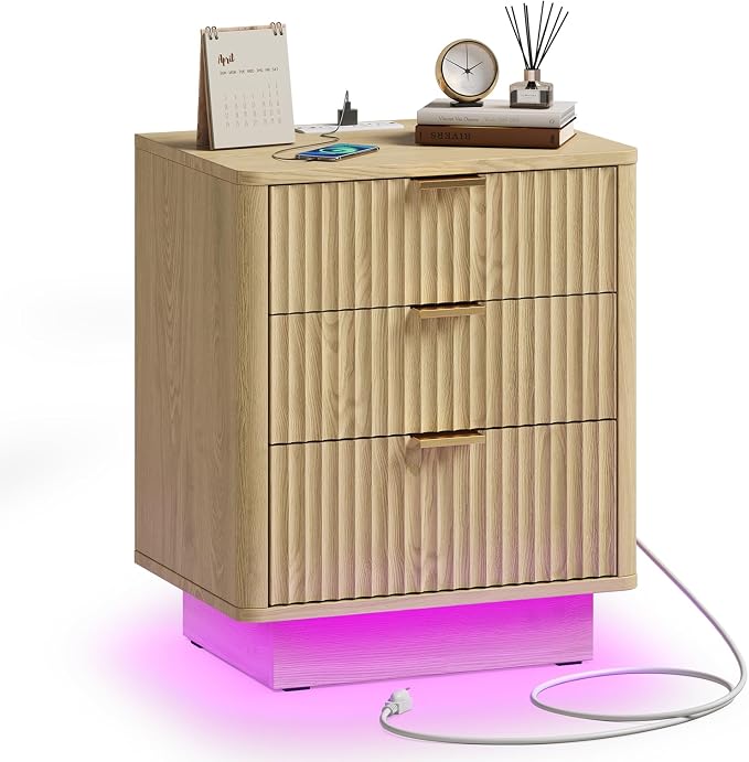 GOLDDAY Nightstand with Charging Station & LED Light, 3-Drawer Bedside Table with Outlets, Modern End Table, for Bedroom, Home Office, 1Pcs, Natural - Image 8