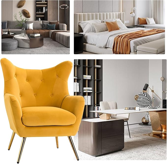 HULALA HOME Velvet Accent Chair, Modern Wingback Arm Chair with Metal Gold Legs, Velvet Tufted Upholstered Single Sofa Chair for Living Room Bedroom (Mustard)