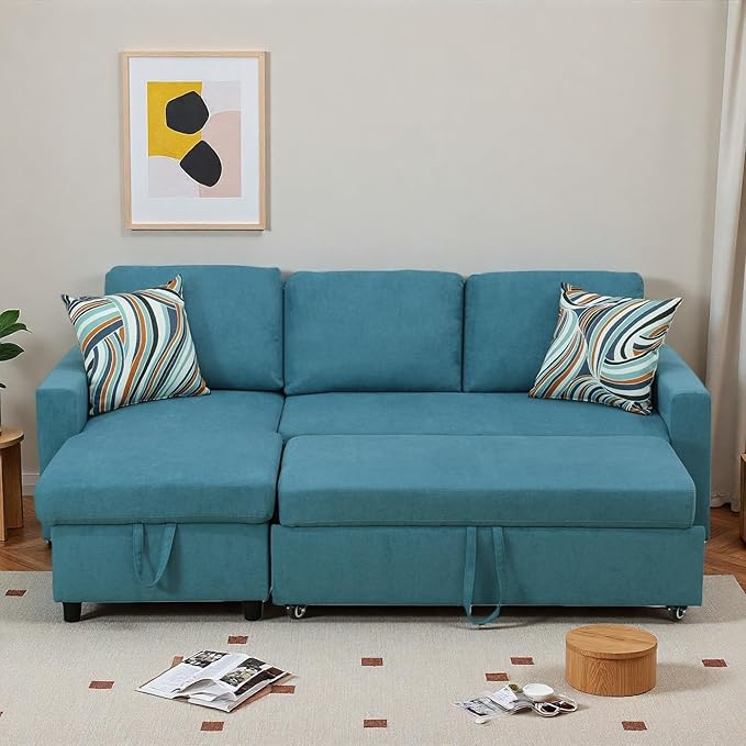 83 Inch Pull Out Couch, Convertible Sofa Bed for Living Room, Comfortable Sleeper Sofa with Pull Out Bed, Modern Sectional Couches with Storage Chaise, Easy Assembly for Apartment, Blue