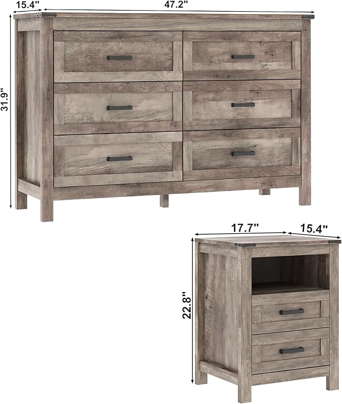 EazeHome 3-Piece Bedroom Furniture Set, 47.2” Wide Farmhouse 6-Drawer Dresser with 2 Nightstands, Retro Dresser and Nightstand Sets, Antique Gray