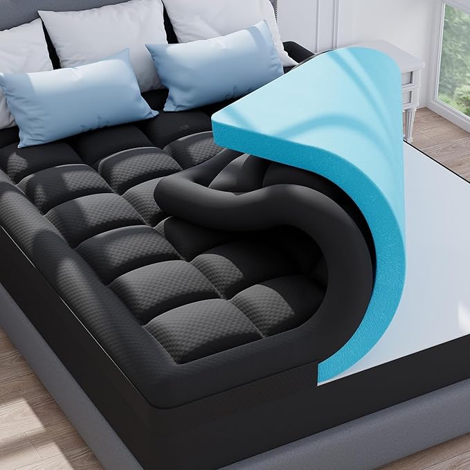 Dual Layer Memory Foam Mattress Topper King,2 Inch Gel Memory Foam and 1 Inch Cooling Pillow Top Mattress Pad Cover for Back Pain, Medium Support,Black