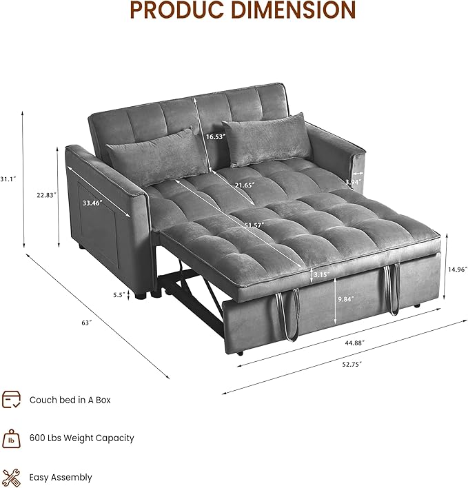 Convertible Sofa Bed 3 in 1 Pull Out Loveseat Sleeper Couch with Adjustable Backrest, Side Pocket, Two Pillows for Apartment, Dorm Room, Bedroom and Small Space | Velvet Fabric