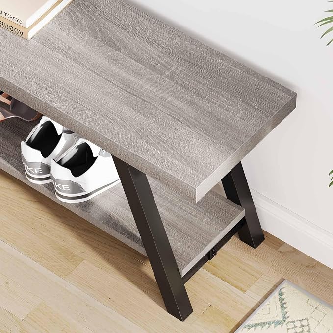 LVB Industrial Entryway Bench, Wood and Metal Storage Bench, Indoor Farmhouse Hallway Accent Entry Bench for Seating Sitting, Shoe Rack Organizer Cabinet in Foyer Bedroom, Light Grey Oak, 47 Inch Long - Image 5