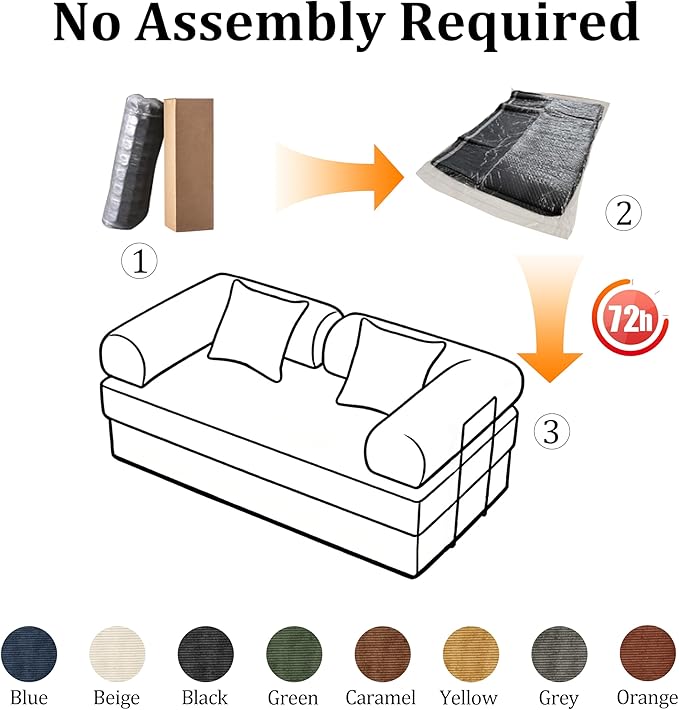 59'' Convertible Compressed Corduroy Folding Cloud Sofa Bed, Modern Boneless Pull Out Loveseat Sleeper in a Box, 4 in 1 Floor Mattress Futon Cloud Couch, No Assembly Needed, Orange, 2 Pillows, Queen