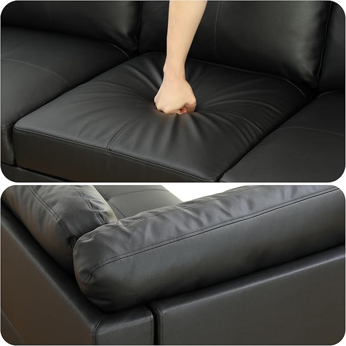 103.5 Inch Modern L-Shaped Couch, PU Leather Sectional Sofa with Chaise Lounge, 4-Seater Couch with Accent Pillows for Living Room, Apartment, Black and White