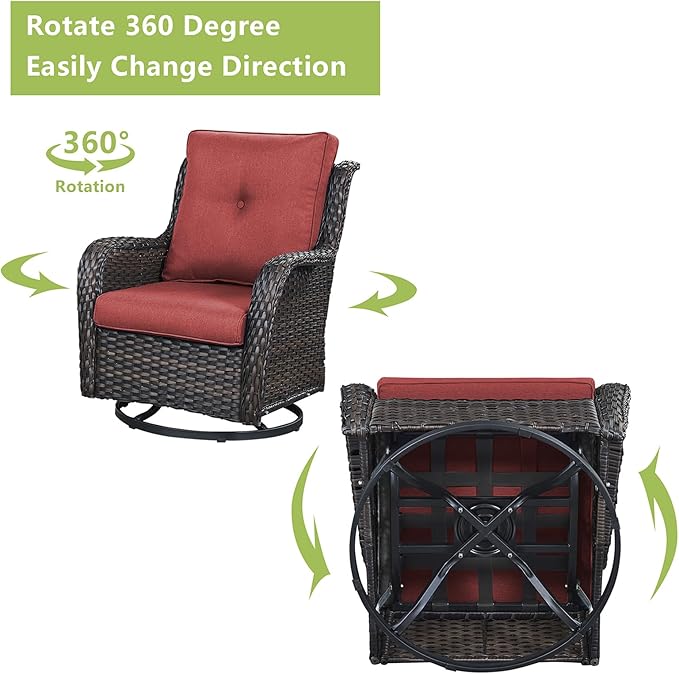 Rilyson Patio Furniture Swivel Chairs Set - 7 Piece Wicker Rattan Outdoor Sectional Conversation Sets with 4 Swivel Rocking Chairs,2 Ottomans and 1 Sofa for Porch Deck Garden(Brown/Red)