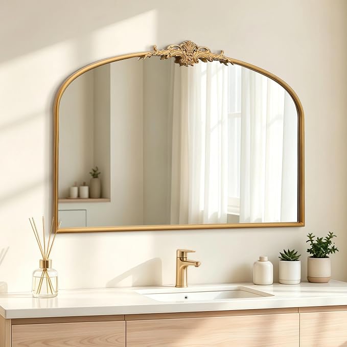 Besdomus Antique Arched Gold Mirror: 40"x29" French Large Decorative Gold Vintage Wall Vanity Mirror - Baroque Traditional Ornate for Bedroom/Bathroom/Fireplace/Entryway - Home Decor for Homemakers by Besdomus