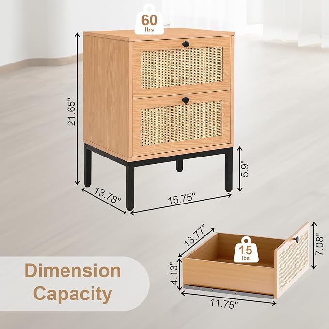 Yechen Set of 2 Rattan Nightstands with 2 Storage Drawers, Boho Bedside Table with Handmade Natural Cane, Mid-Century Modern End Table with Metal Legs for Bedroom, Brown - Image 3