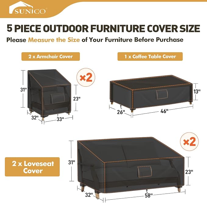 SUNICO Patio Furniture Set Covers, 5 Piece Patio Covers for Outdoor Furniture Waterproof, 420D Outdoor Furniture Cover, UV Fade Protection, Tear-Resistant, Black - Image 2