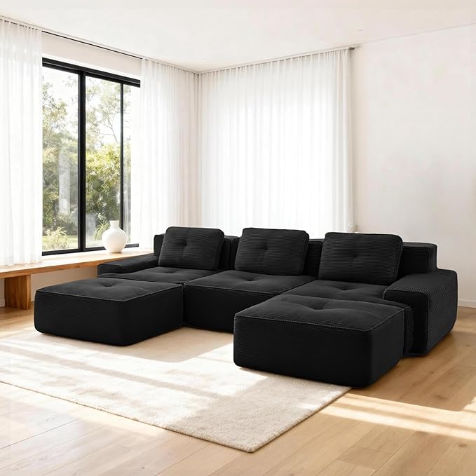 Casaphoria 115'' Black Modular Sofa Set, 3-Seat U-Shaped Corduroy Couch with 2 Ottomans for Large Living Room No Assembly Required Deep Seat Sectional Couch