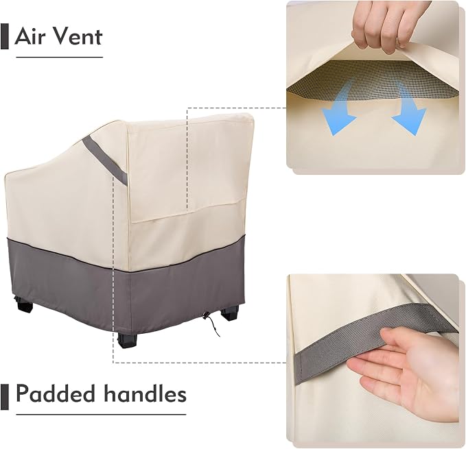 Waterproof Patio Furniture Chair Covers 2-Pack, Heavy Duty 600D Oxford Outdoor Protector for Deep Seat Chairs, UV & Wind Resistant All-Season Protection, 32"W x 37"D x 36"H (Beige/Grey) - Image 5