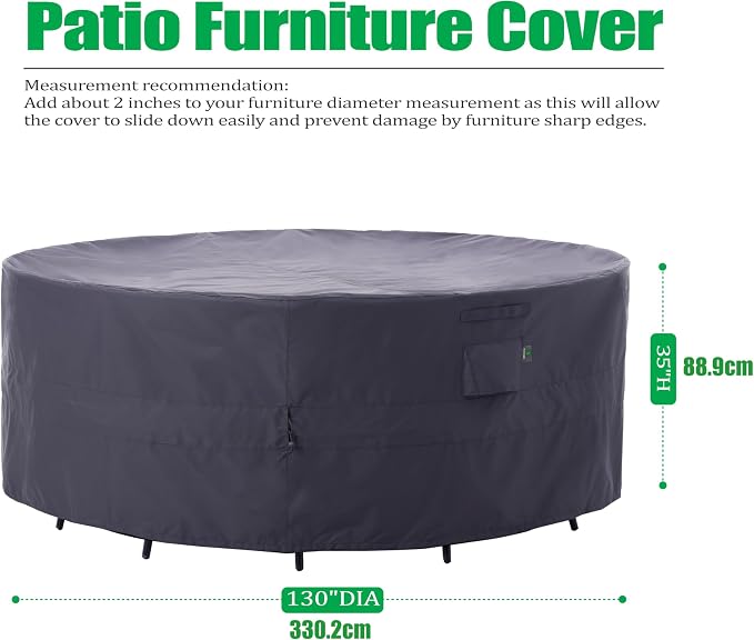 F&J Outdoors Patio Furniture Covers, Heavy Duty Tear Resistant Waterproof UV Resistant Windproof Extra Large Furniture Cover, Grey, 130" Dia x 35" H - Image 2
