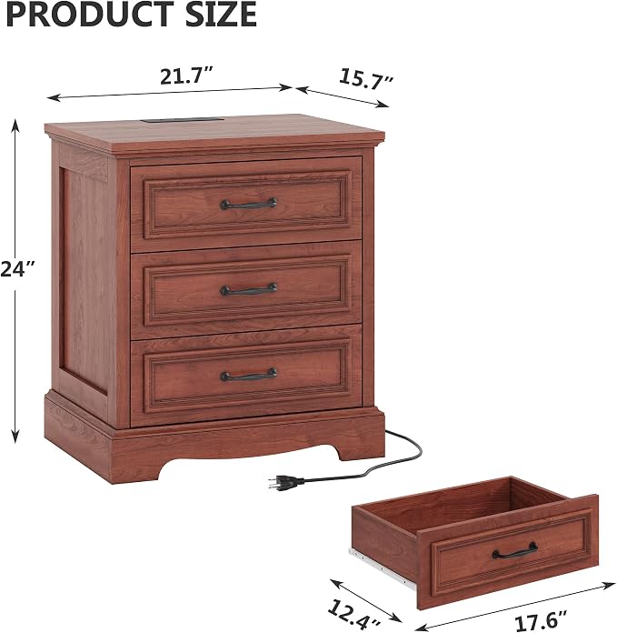 Farmhouse Nightstand Set of 2, Wood Night Stand with 3 Drawers and Charging Station Modern Bedside Table for Bedroom End Side Table Storage Cabinet Small 6 Drawers Dresser (2, Cherry Brown) - Image 3