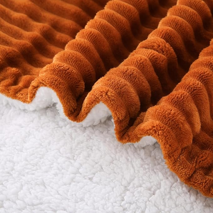 Burnt Orange Sherpa Fleece Throw Blanket 90”×90” for Couch Sofa Bed,Super Soft Cozy Plush Double Side Thick Flannel Blanket with Striped Design Lightweight for Adults,Woman,Girls