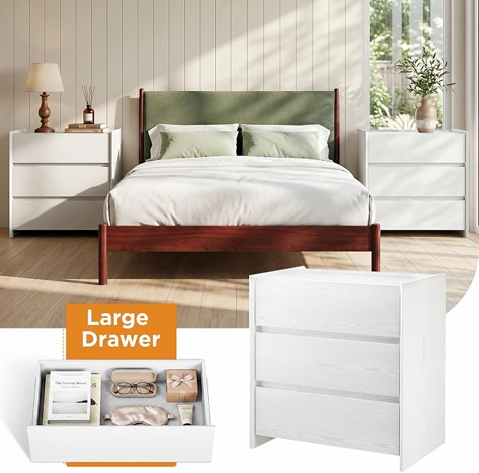 Nightstand with 3 Drawers, Bedside Table Night Stand with Spacious Storage Cabinet,Solid Wood Small Dresser for Bedroom Living, White, 23.6" W x 15.6" D x 25.2" - Image 9
