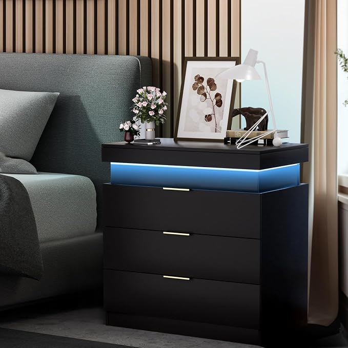 LED Nightstand with Charging Station & USB Ports,Bedside Table Night Stand with 3 Drawers and Sliding Top,Modern End Table Side Table with 4 Adjustable LED Modes for Bedroom (1 Black) - Image 7