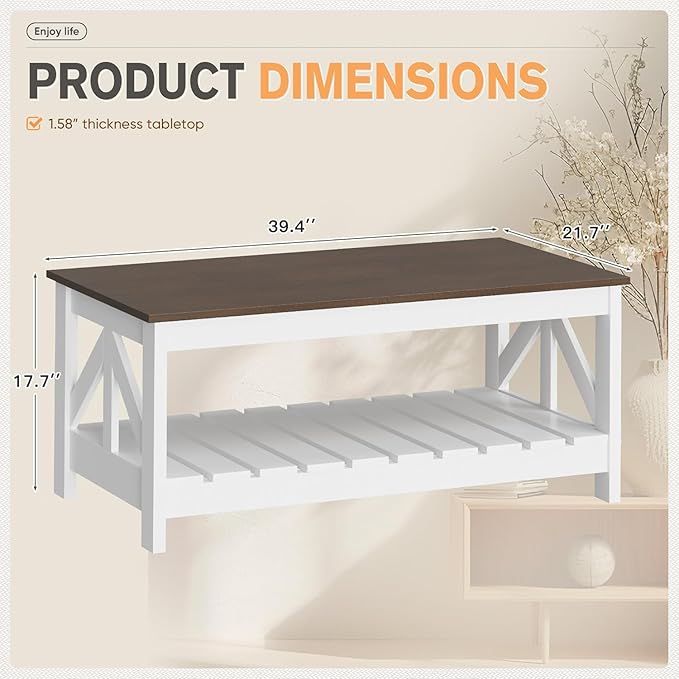 YESHOMY Farmhouse Coffee Table, Coffee Tables for Living Room, Farmhouse Square Coffee Table with Storage, Couch Table, Small Tables for Small Spaces, Brown and White