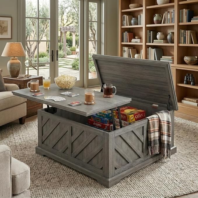 Amada Lift Top Coffee Table with Storage, Smooth Lifting Center Table with Hidden Compartment, Diagonal Pattern Wood Coffee Table for Living Room and Home Office, Gray