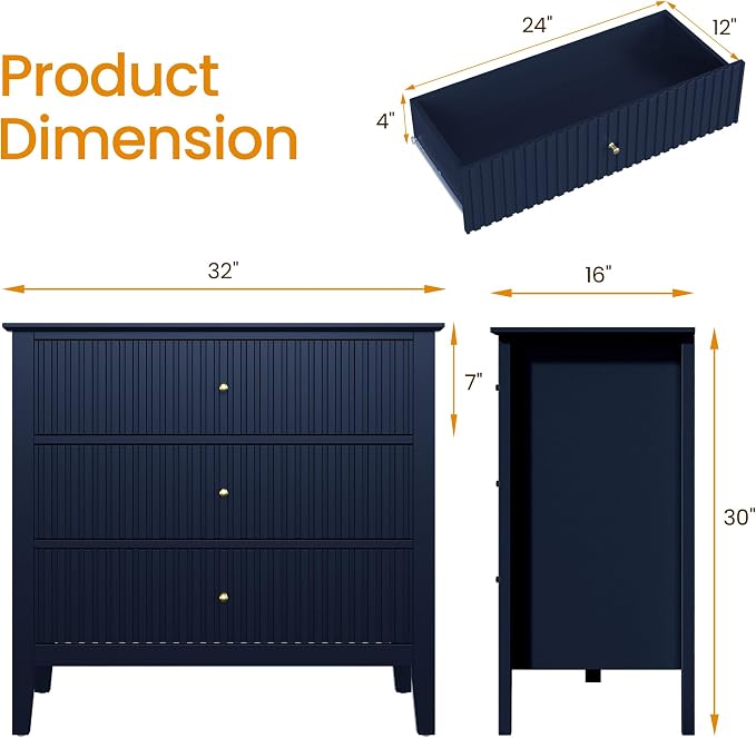 May in Color Large Blue Fluted 3 Drawer Dresser Set of 2, Chest of Drawers with Ball Bearing Slide Modern 30 inch Tall Wood Nightstand with Spacious Storage for Bedroom Hallway Living Room Entryway - Image 2
