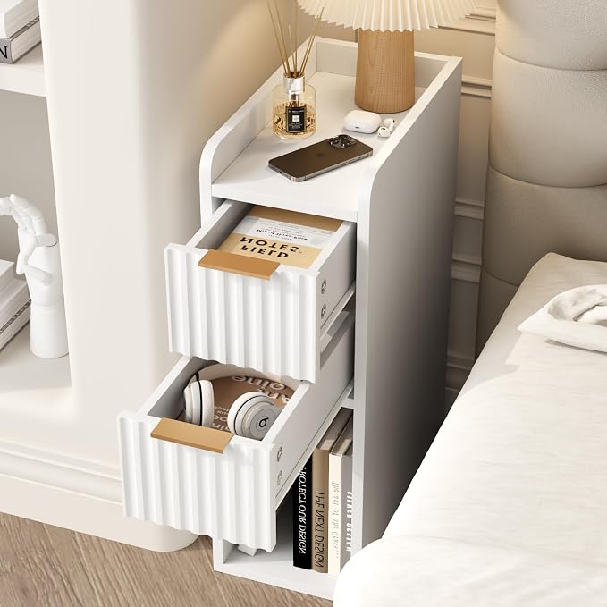 Narrow Nightstand Set of 2, 7.9" Wood Nightstands w/Fluted 2 Drawer, Slim Bed Side End Table Small Spaces Modern Skinny Wooden Night Stand for Bedroom, Living Room, White - Image 4