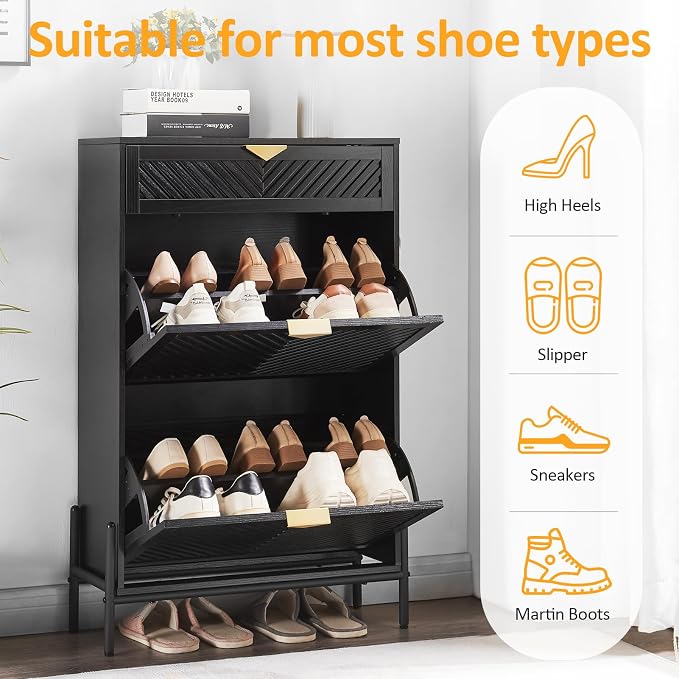Shoe Cabinet Storage with 2 Flip Drawers, Narrow Hidden Shoes Organizer Cabinet for Entryway, Freestanding Slim Shoe Rack Front Door Entrance(Black) - Image 3
