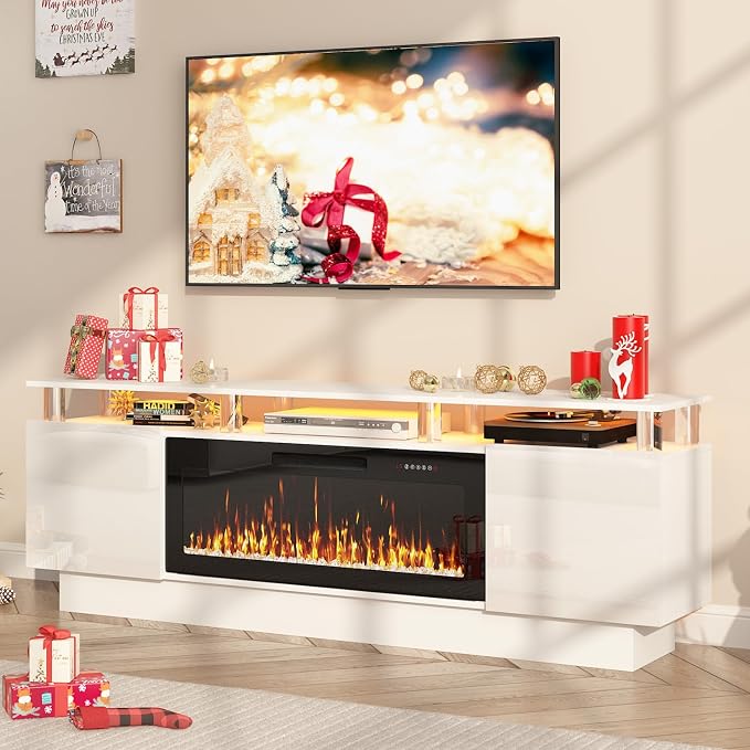 PUKAMI 70" Fireplace TV Stand with 36" Electric Fireplace, LED Light Entertainment Center with Storage, 2 Tier Modern Wood Media TV Console with Highlight Cabinet for Living Room, White - Image 6