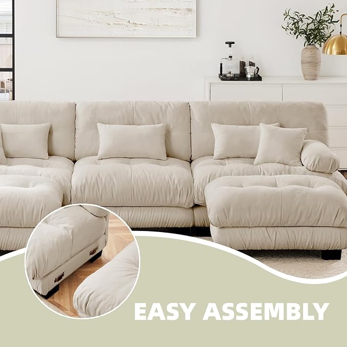 133.8" U-Shaped Cloud Couch, Oversized Modular Sectional Sofa, Deep Seat Cloud Boneless Couch, 3-Seat Modular Sectional Sofa with 2 Ottoman or Living Room,Bedroom and Apartment, Light Coffee