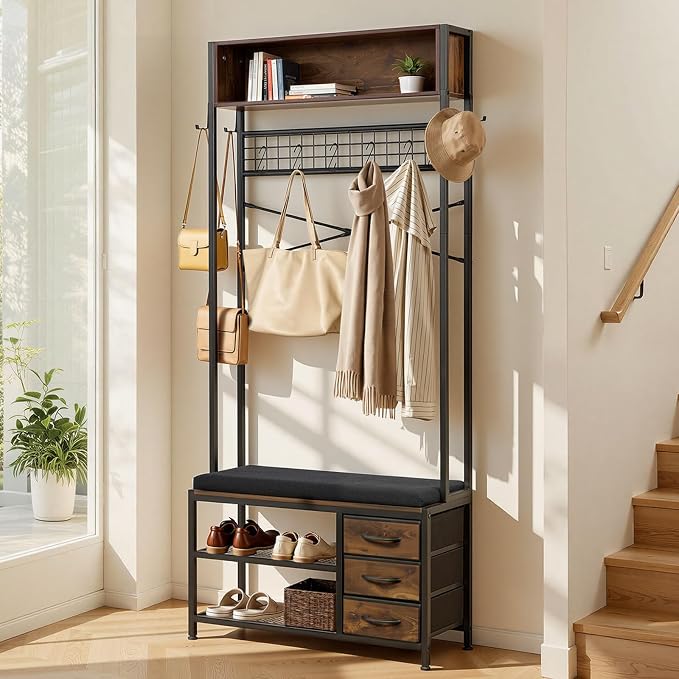 VEVOR Hall Tree with Bench and Shoe Storage, Entryway Bench with Coat Rack, 3 Drawers, 3 Storage Cubbies, 7 Hooks with Soft Cushion for Entryway, Hallway - Image 8