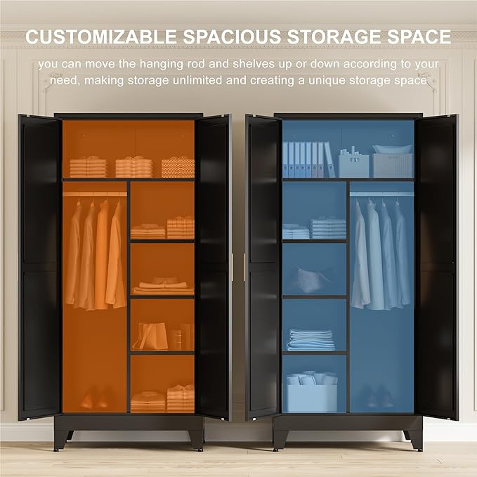 LCAOPC 71" Tall Metal Wardrobe Closet with Adjustable Shelves and Hanging Rod, 2 Doors Office Storage Locker Cabinet for Home, Office, Bedroom, Laundry Room, Black