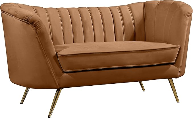 Meridian Furniture 622Saddle-L Margo Collection Modern Contemporary Velvet Upholstered Loveseat with Stainless Steel Base in a Rich Gold Finish, Saddle, 65" W x 30" D x 33" H