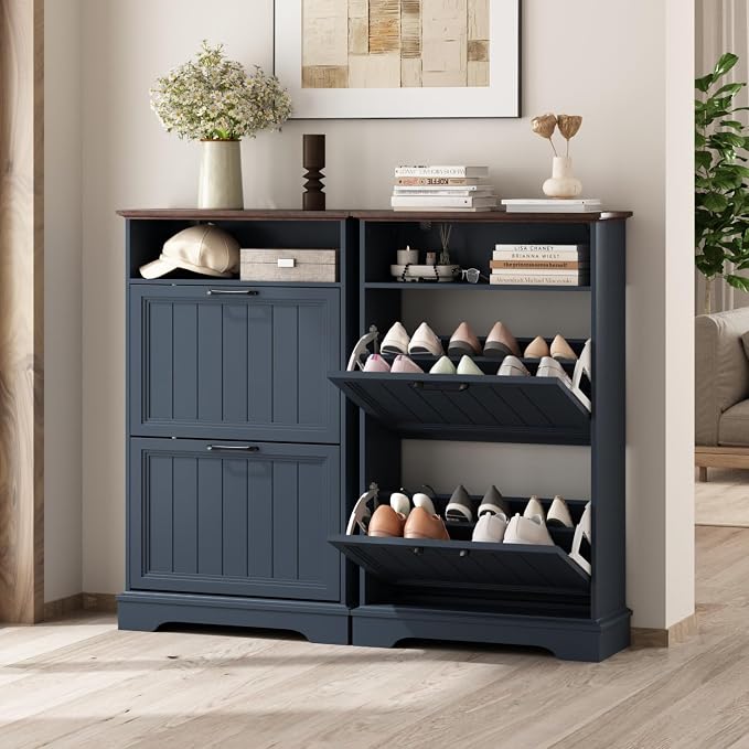 Shoe Storage Cabinet with 2 Flip Drawers, 24" W Farmhouse Modern Hidden Shoes Rack with Adjustable Shelves & Open Storage, Narrow Slim Shoe Organizer for Front Door Entrance, Entryway, Navy Blue - Image 6