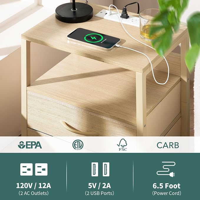 Yoobure Nightstand with Charging Station, LED Night Stand with Fabric Drawers and Storage Shelf for Bedroom, Nightstands Bedside Tables with USB Ports & Outlets, Small Night Stands, Bed Side Table - Image 7
