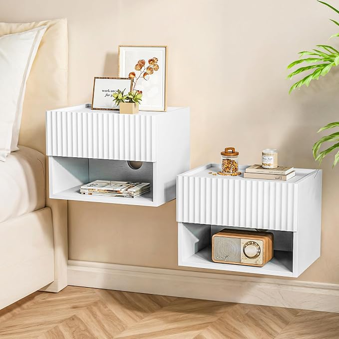 Floating Nightstand Bedroom Bedside Table - Wood Night Stand Set 2 for Small Spaces, Wall Mounted Cabinet with Storage Drawer, White Modern Night Stand for Dorm Hallway Entryway by Lazzanto
