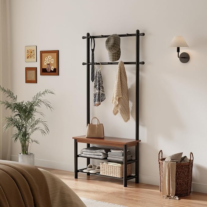 Coat Rack with Shoe Storage, Wood and Metal Frame, Entryway Hall Tree with Bench, Featuring 11 Hooks and 2-Tier Storage Shelves, 3-in-1, Entry Bench with Coat Rack (31.5" Walnut) - Image 6