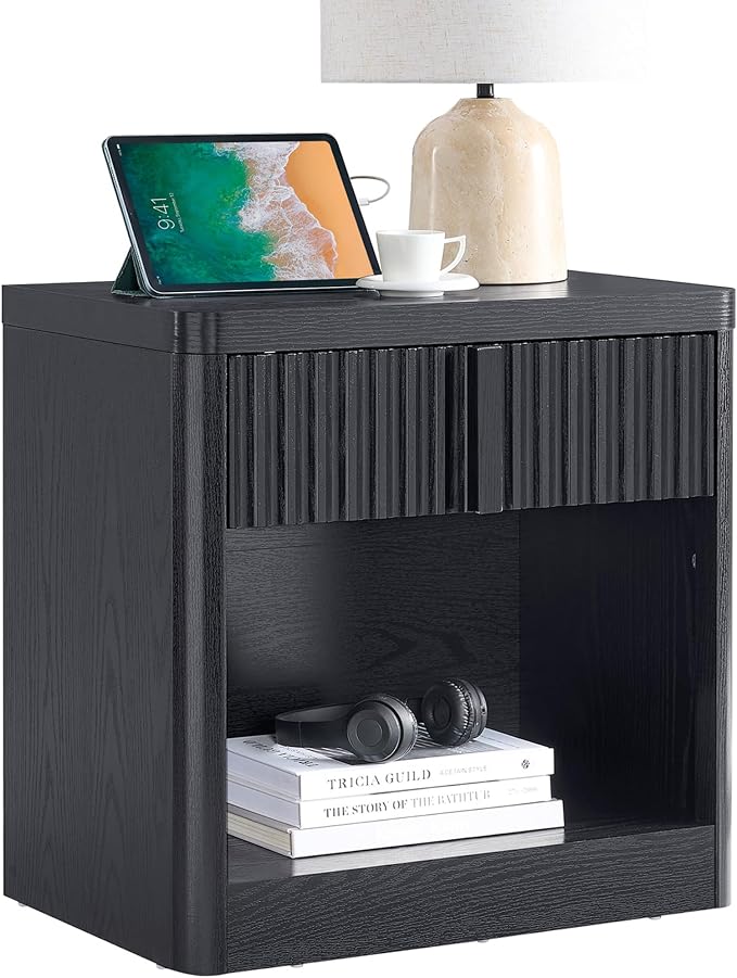 YANSNWO Fluted Nightstand with Charging Station, 23.6" Bedside Table with Open Shelf and Drawers Storage, End Table with Solid Wood Handle, Curved Profile Design, Night Stand for Bedroom, Black by YANSNWO