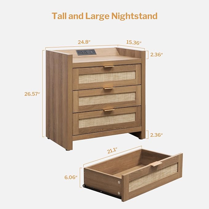 SICOTAS Larger Rattan Night Stand - Tall Nightstands with Type-C Charging Station, 3 Rattan Drawers, Boho Bedside Table End Table with Storage for Bedroom Sofa Couch Office - Oak - Image 2
