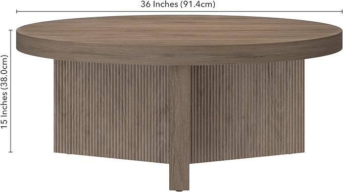 Henn&Hart 36" Fluted Round Low-Profile Coffee Table with Ribbed Pedestal Base for Living Room, Family Room, or Office, Weathered Gray