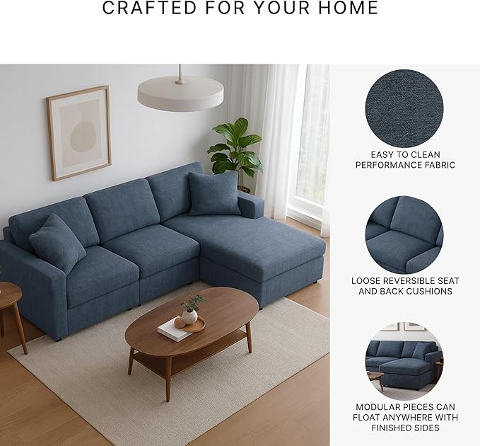 Signature Design by Ashley Modmax Contemporary L-Shaped Modular Stain Resistant 3-Piece Sectional with Chaise, Reversible Cushions and 2 Accent Pillows, Blue