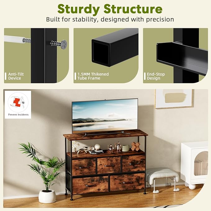 Simple Deluxe TV Stand Dresser for Bedroom Entertainment Center with 5 Fabric Drawers, Storage Organizers Units for Living Room, Media Console Table with Open Shelf up for 45" TV, Rust, Wood top