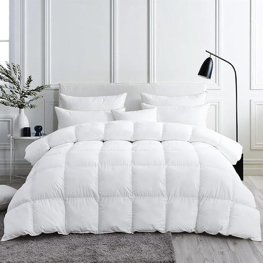 Luxurious White Solid Medium Weight, Oversize Queen Size Goose Feathers Down Comforter for All-Season, 98 X 98 inches, Premium Baffle Box, 100% Egyptian Cotton Cover, 80 oz. Fill Weight