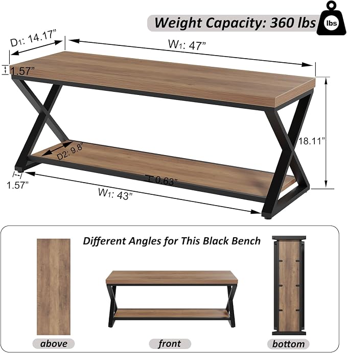 IBF Wood Entryway Bench, Wooden and Metal Bedroom Indoor Bench, Industrial Shoe Bench with Storage and Seating, Farmhouse Entry Bench for Foyer Entrance Hallway Living Dining Room, Rustic Oak, 47 Inch - Image 2