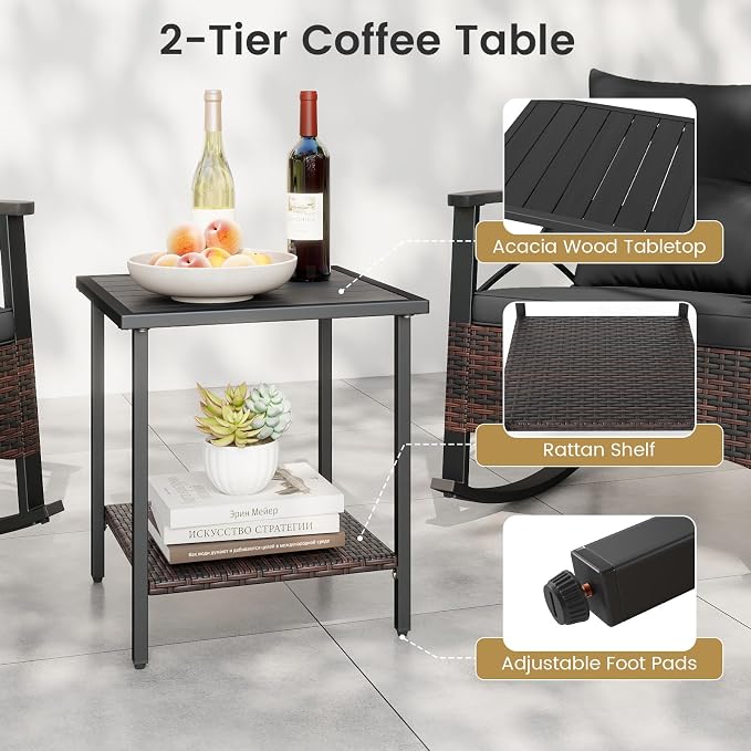Tangkula 3 Piece Rattan Rocking Chair Set, Patio Rocker Bistro Set with Acacia Wood Tabletop & Armrests, 2 Outdoor Cushioned Armchairs w/Double-Tier Side Table for Porch, Balcony, Backyard - Image 7